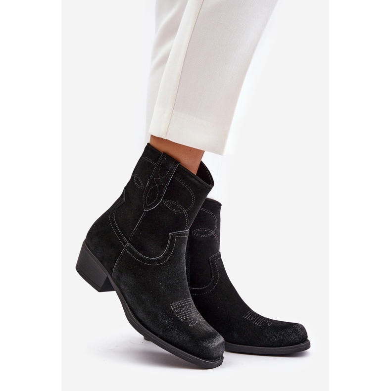 Bottes de cowboy à talons bas pour femmes en daim chaudes Sergio Leone BT284-S Noir le noir 1