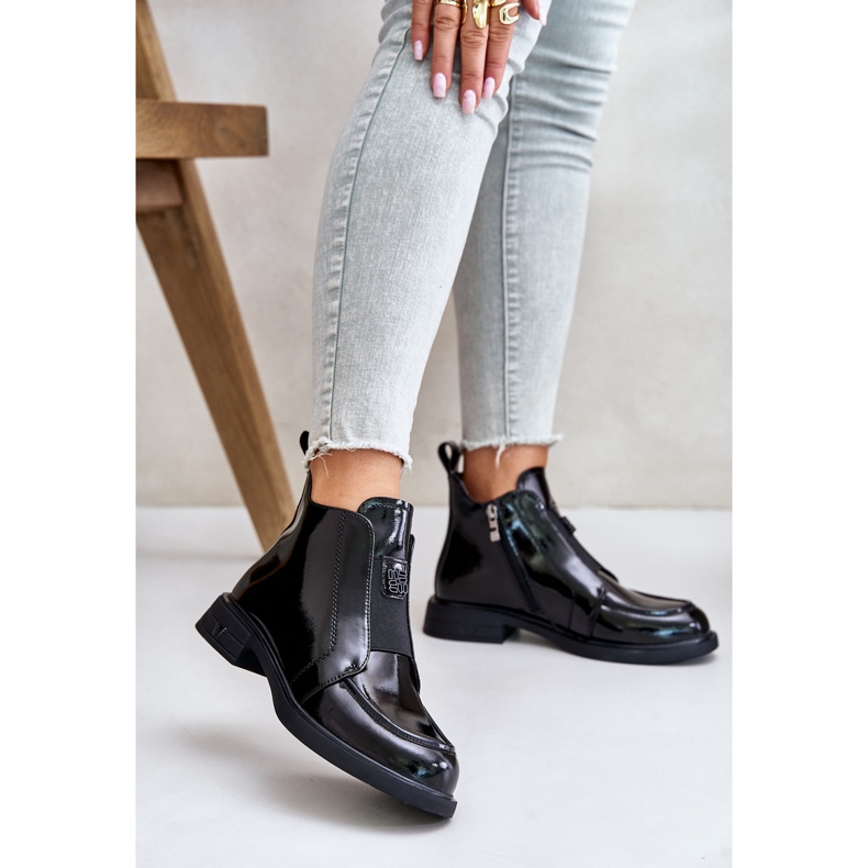 S.Barski Bottines en cuir verni avec fermeture éclair pour femmes D&amp;A JC42-24 Noir 2
