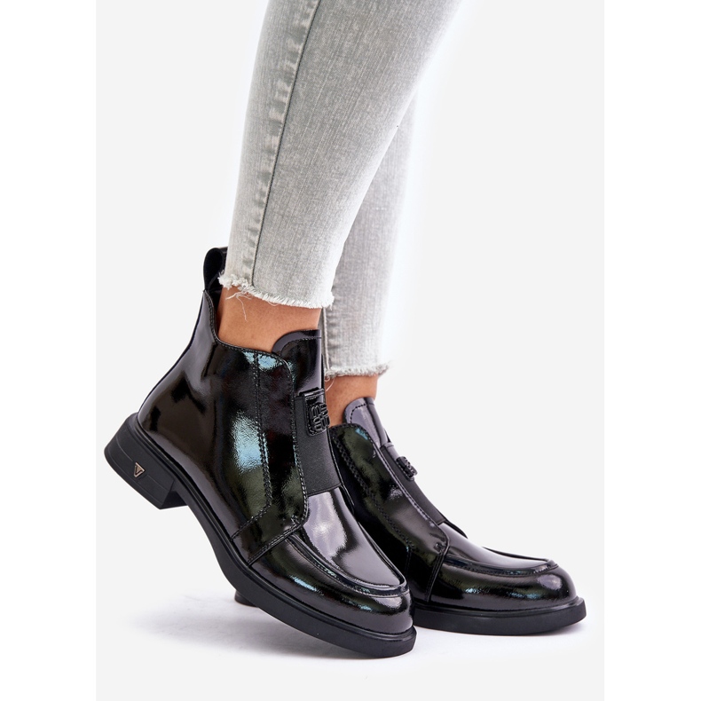 S.Barski Bottines en cuir verni avec fermeture éclair pour femmes D&amp;A JC42-24 Noir 1
