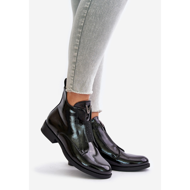 Bottines basses femme en cuir verni à talons plats, noir chaud S.Barski HY42-120 Noir 1