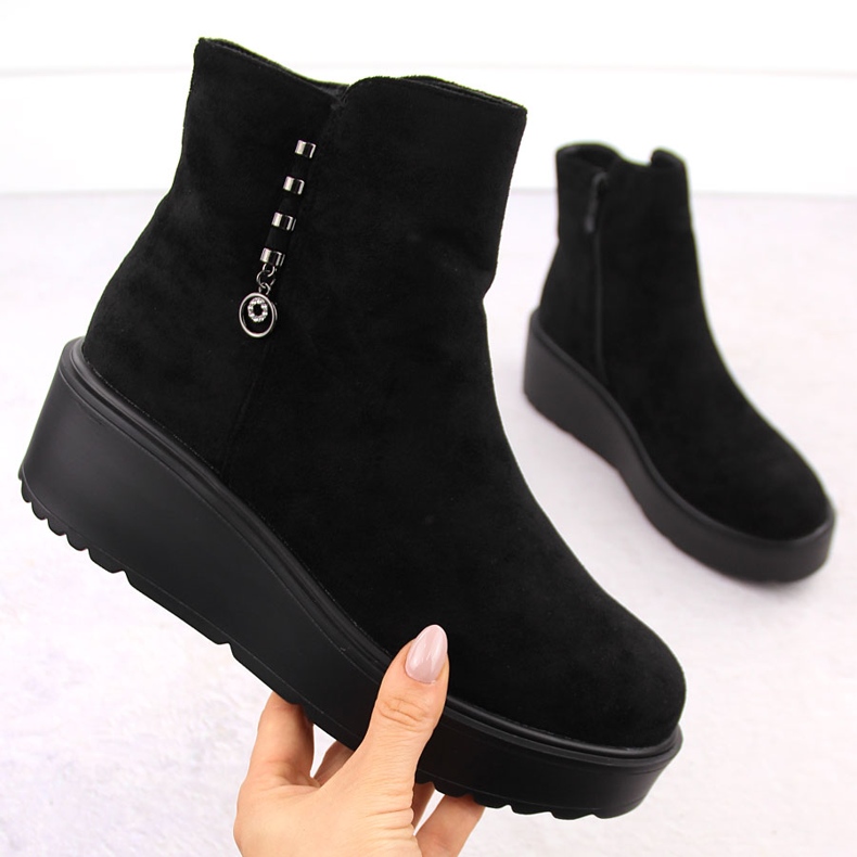 Bottines femme en daim sur plateforme épaisse, noir Potocki 11305 1