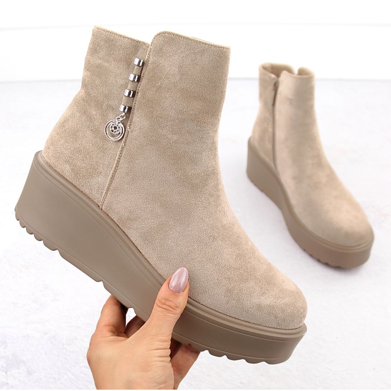 Bottines femme en daim sur plateforme épaisse, beige Potocki 11305 1