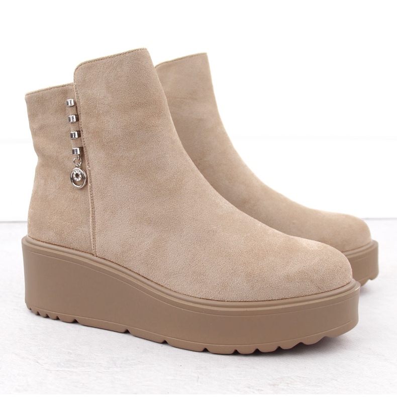 Bottines femme en daim sur plateforme épaisse, beige Potocki 11305 2