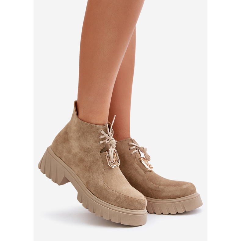 Zazoo 2952 Bottines en daim beige avec décoration dorée 1