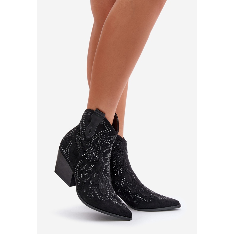 Bottes de cowboy noires décorées à talons hauts Kaivina 1