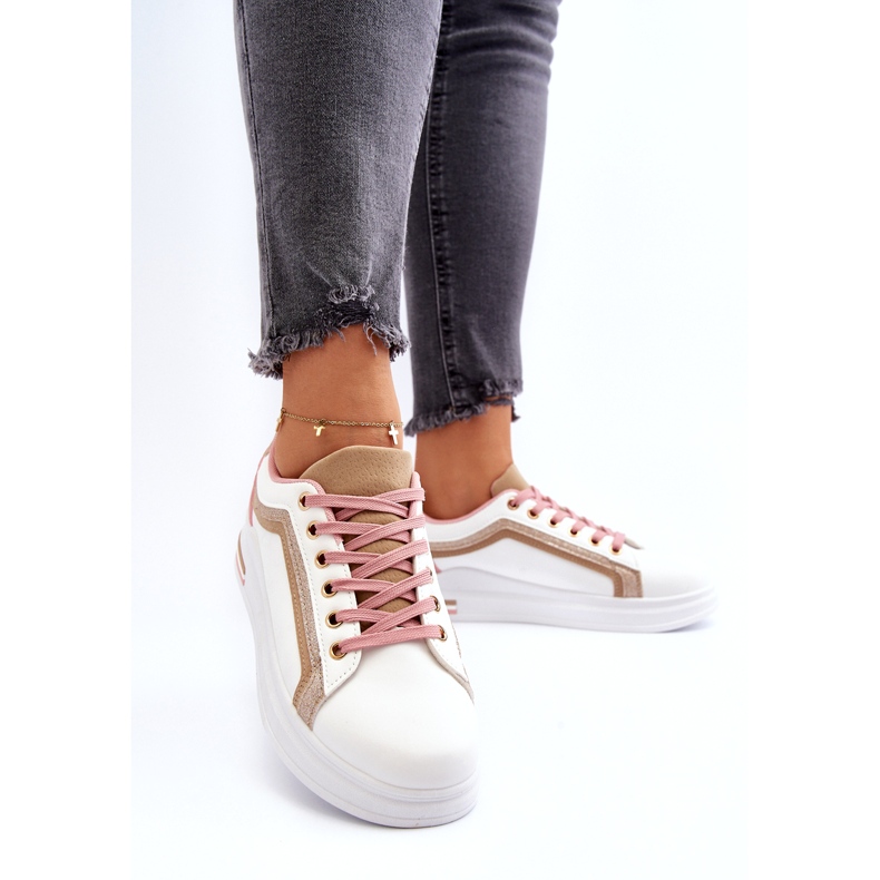 Sneakes sportifs féminins avec des paillettes beige blanche 3