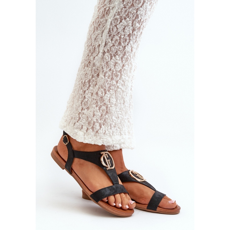 S.Barski Sandales pour femmes avec décoration dorée Noir le noir 1