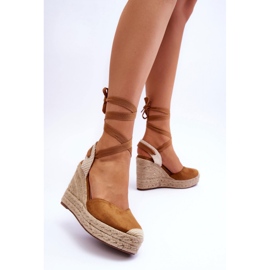Sandales compensées à lacets camel brun 1