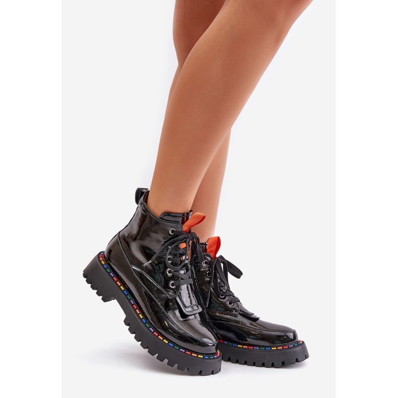 Bottines de travail en cuir verni Anafra noires avec fermeture éclair 1