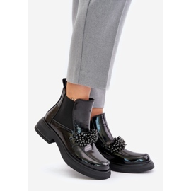 Bottines En Cuir Verni Avec Décoration, Slip-On Isolées, Noir Solimav 1