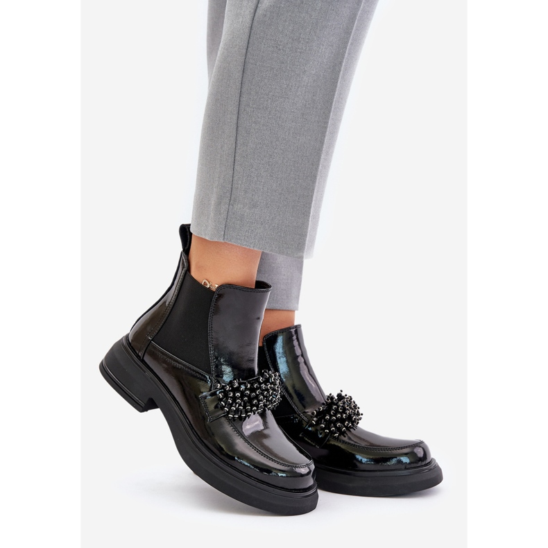 Bottines En Cuir Verni Avec Décoration, Slip-On Isolées, Noir Solimav 1