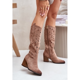 Bottes À Talons Hauts En Daim Eco Avec Motif Ajouré Vinceza 58344 Beige Foncé 2