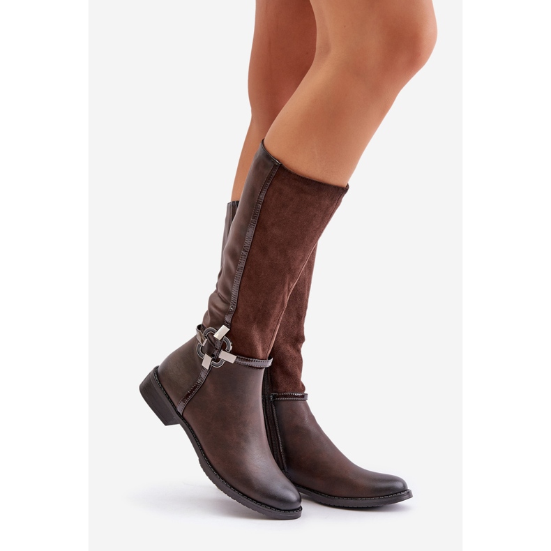 Jezzi Bottes Isolées À Talon Plat Avec Boucle Décorative Marron Leatharia brun 1