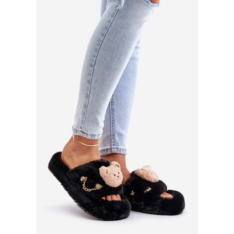 Chaussons Femme Fourrure Avec Ours En Peluche Et Éléments Décoratifs, Noir Innalise le noir 1