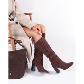 Cuissardes femme à talons hauts en daim marron brun 1