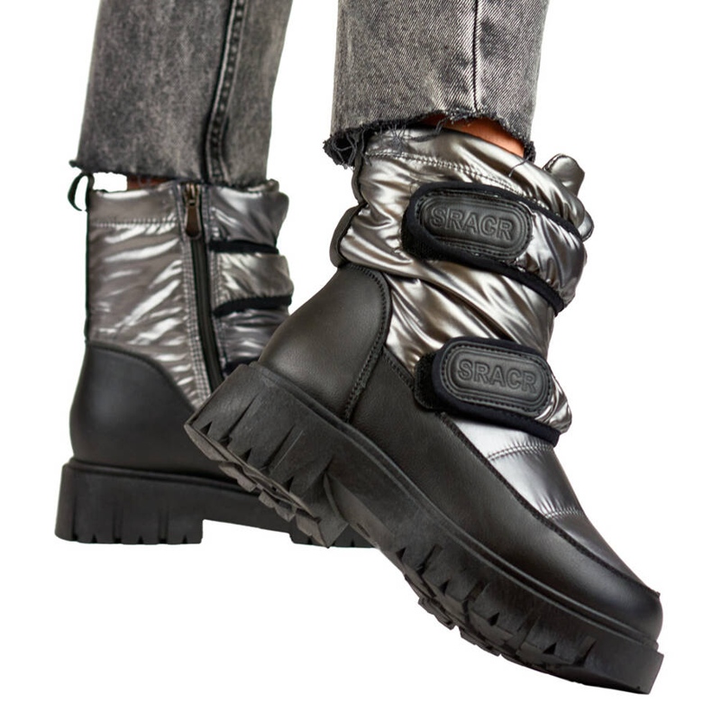 Bottes de neige femme métallisées noires et argentées à velcro JH-1Si 1