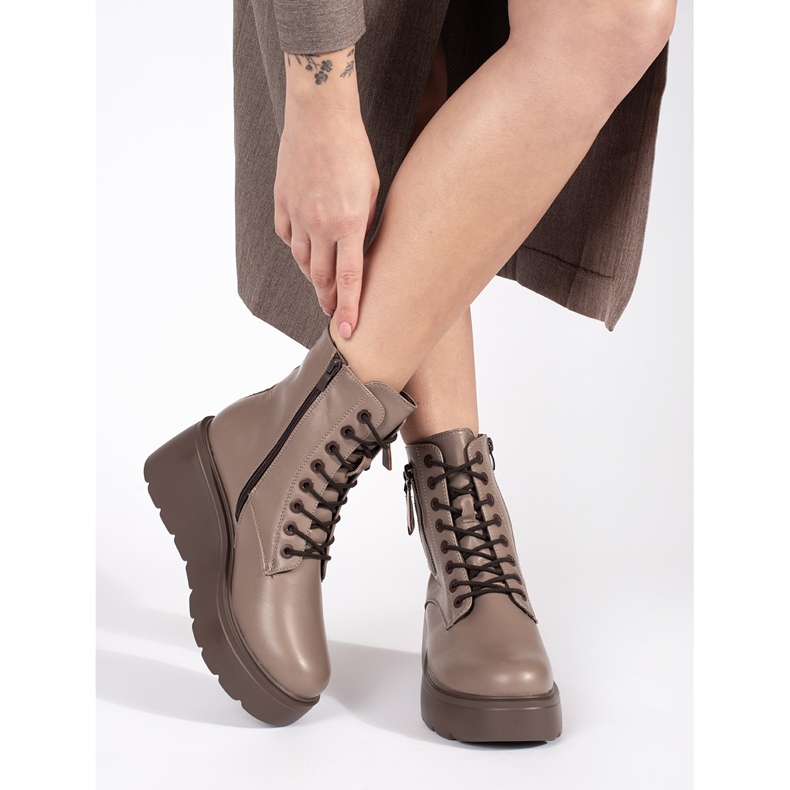 Goodin Bottines femme à lacets beige foncé avec fermetures éclair décoratives 2