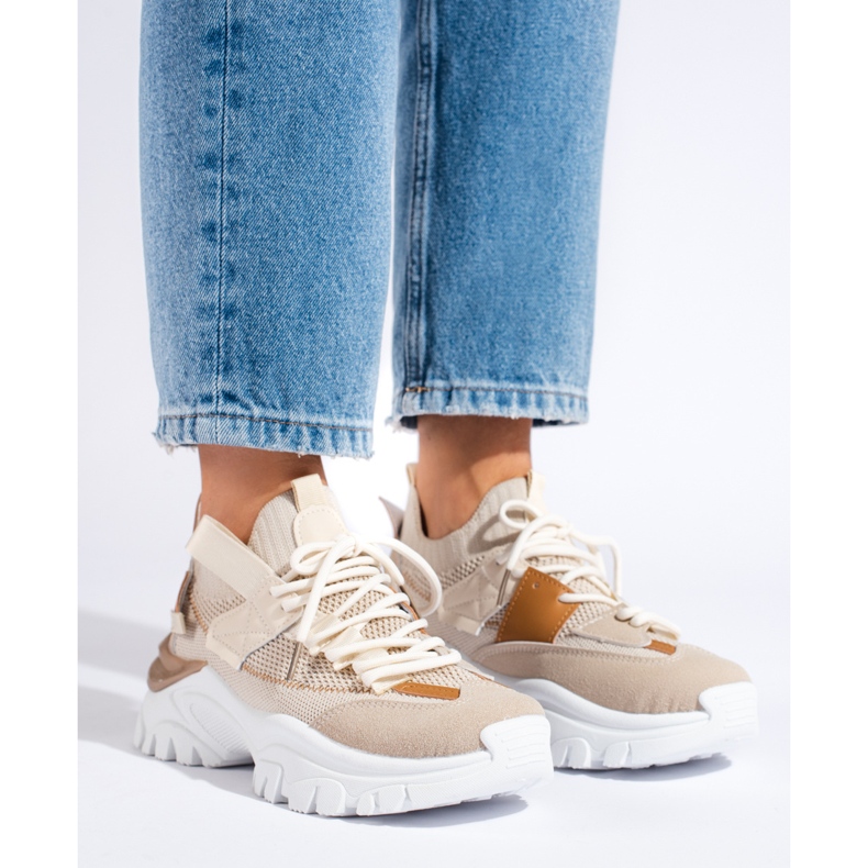 Baskets mode à lacets beige 1