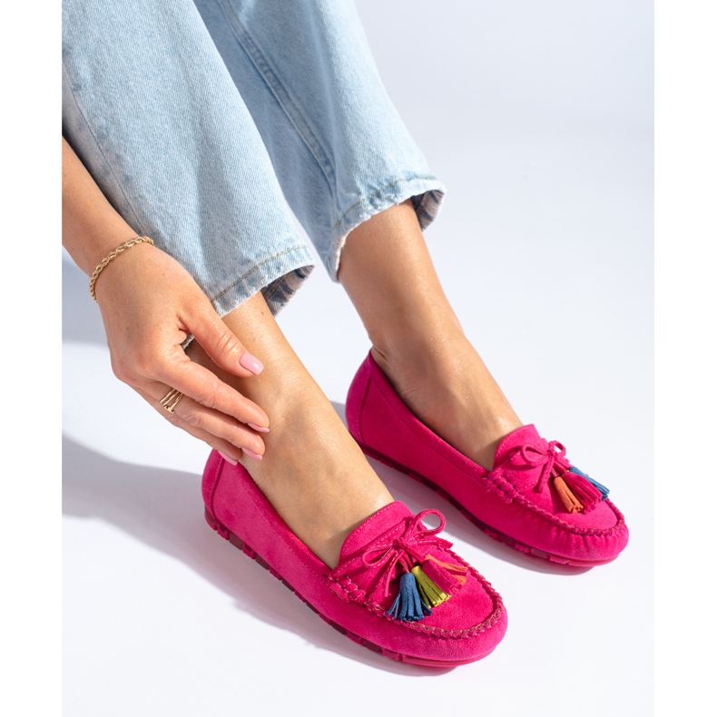 Mocassins bohèmes en daim fushia à pompons Shelovet rose 1