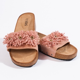 Chaussons femme en daim à fleurs roses 2
