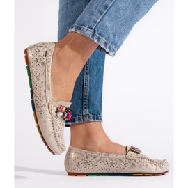 Goodin Mocassins femme dorés ajourés avec cristaux 1