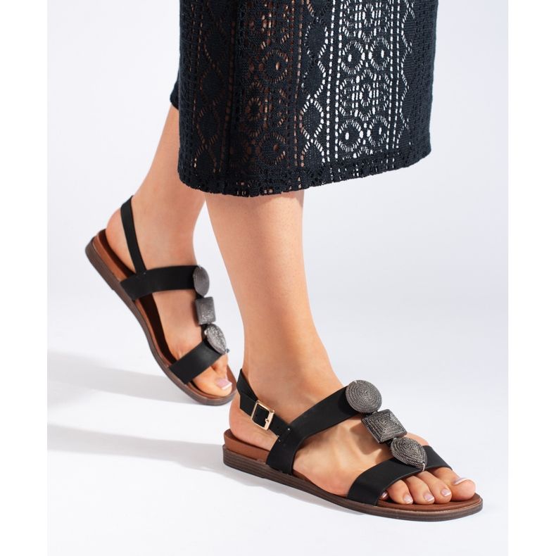 Sergio Leone Sandales plates confortables noires pour femmes 1