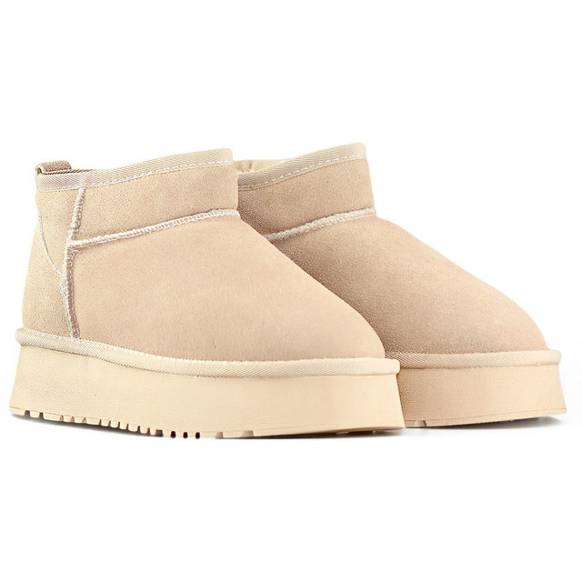 Bottes de neige en cuir beige pour femmes, bottes d'hiver beiges en cuir naturel 1