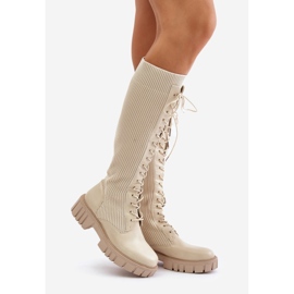 Bottines chaussettes à lacets et talons plats pour femme, beige Vamisha 1