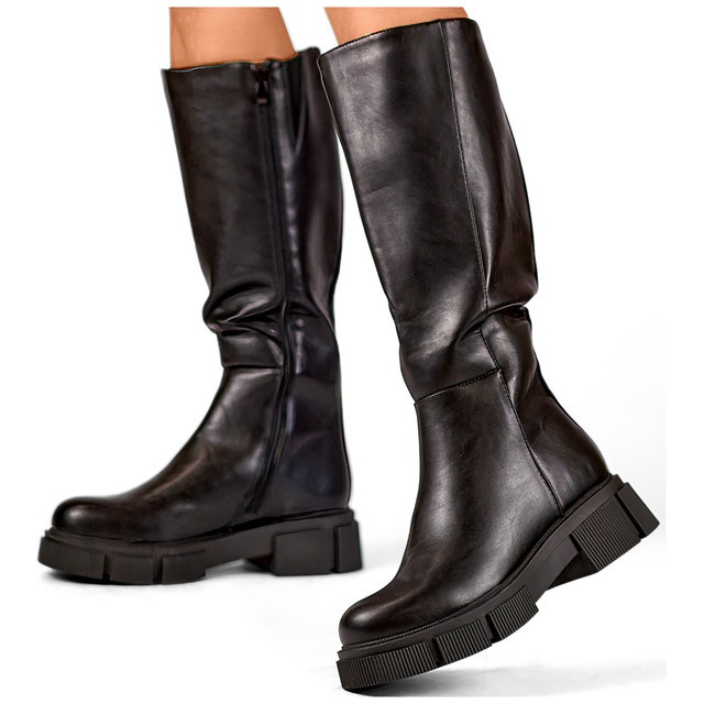 Bottes noires en éco-cuir, bottes hauteur genou à semelle épaisse 2