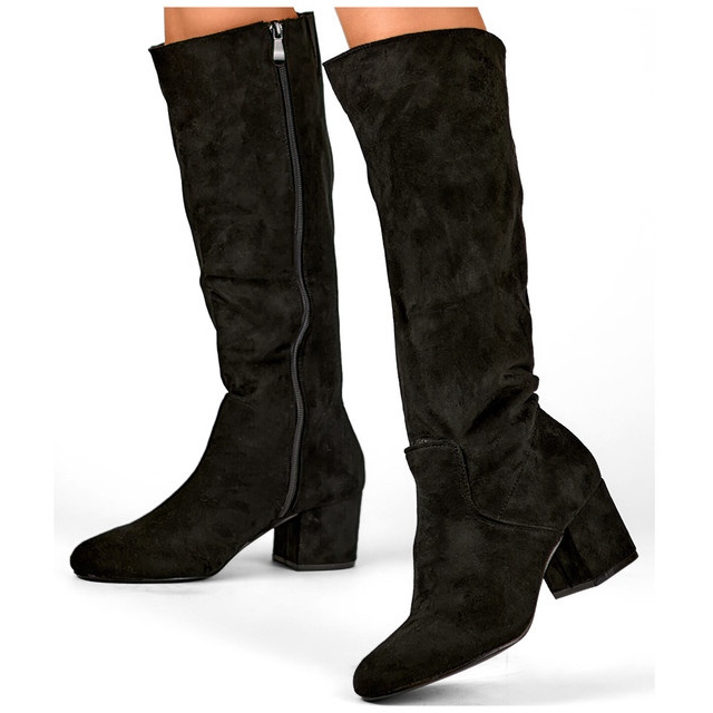 Bottes hauteur genou en daim noir, bottes à talons bas pour femme 2