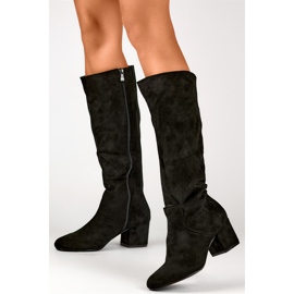 Bottes hauteur genou en daim noir, bottes à talons bas pour femme 1
