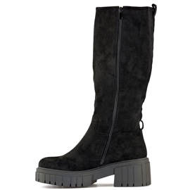 Bottes classiques noires pour femmes à semelle épaisse, cuissardes en daim 1