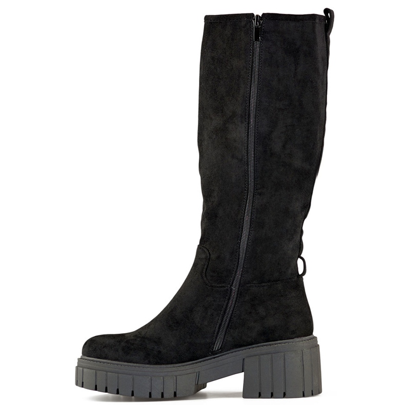 Bottes classiques noires pour femmes à semelle épaisse, cuissardes en daim 1