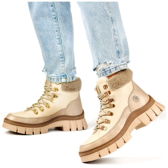 Bottes d'hiver isolées beiges pour femmes avec fourrure, bottes à lacets 2