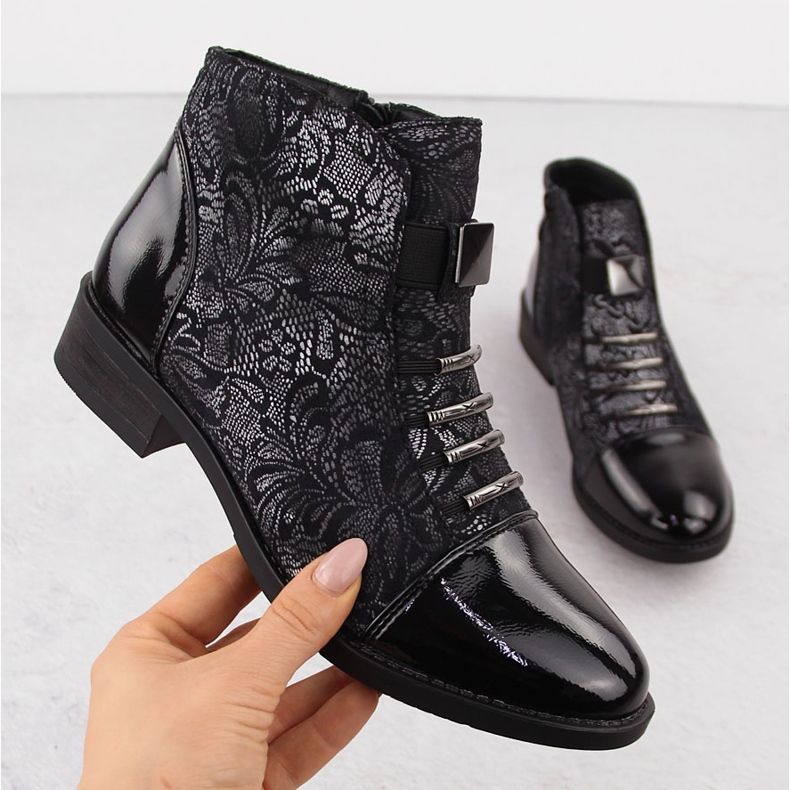 Bottines femme noires à motif fleur argenté Sabatina DM24-08 le noir 1