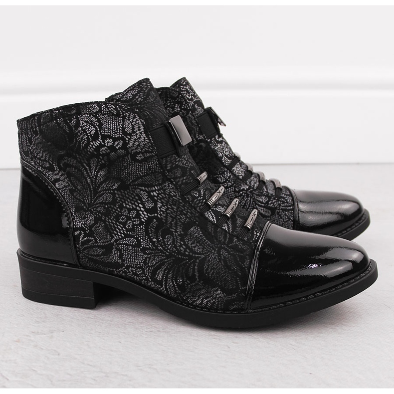 Bottines femme noires à motif fleur argenté Sabatina DM24-08 2