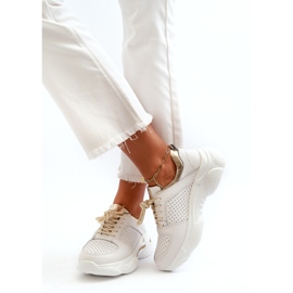 Jezzi Baskets de sport en cuir à semelle épaisse pour femme, blanches et dorées 3