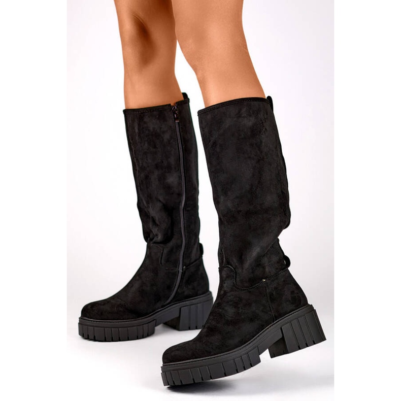 Bottines femme en daim à semelle épaisse, noires DE1056B 1