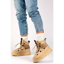 Bottines de neige à lacets et semelle épaisse pour femme, beige 24-72302BE 1 Bottines de neige à lacets et semelle épaisse pour femme, beige 24-72302BE 1