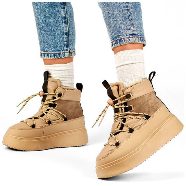 Bottines de neige à lacets et semelle épaisse pour femme, beige 24-72302BE 2 Bottines de neige à lacets et semelle épaisse pour femme, beige 24-72302BE 2