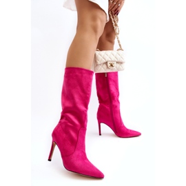 Joalice Bottes En Daim Écologique Pour Femme Talon Haut Mi-mollet Fuchsia rose 4