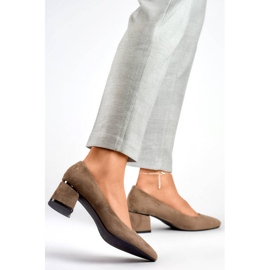 Escarpins femme bout pointu avec bloc bas, daim beige GD-XR-103B-KH 2