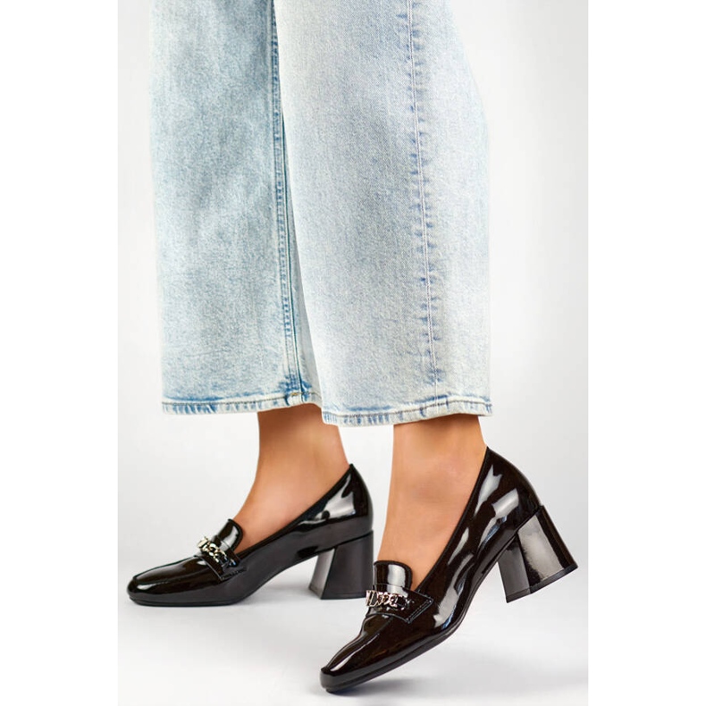 Chaussures à talons hauts en cuir pour femmes avec décoration, noir 24-58242B 2