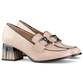 Chaussures femme à talons bas, mocassins beiges vernis GD-FL477D.BE 2