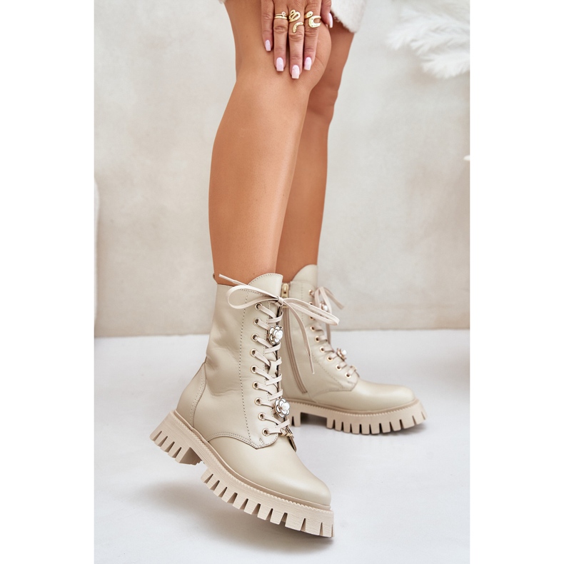 Bottines de travail en cuir avec épingles à fermeture éclair CheBello 4553 Beige 1
