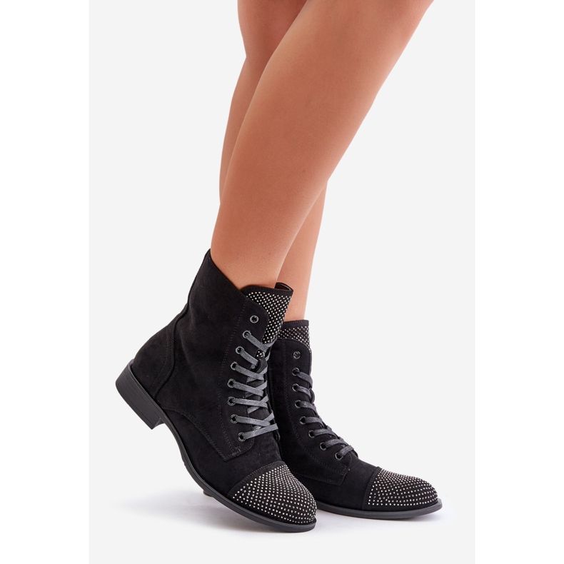 Bottes Plates Décorées, Eco Daim, Chaudes, Noir Ellieo 1