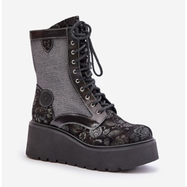 Bottines En Cuir à Plateforme Et Compensée Avec Dessus à Motifs Maciejka 06720-01 Noir le noir 4