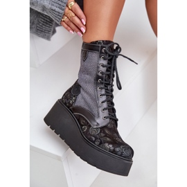 Bottines En Cuir à Plateforme Et Compensée Avec Dessus à Motifs Maciejka 06720-01 Noir le noir 9
