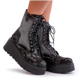 Bottines En Cuir à Plateforme Et Compensée Avec Dessus à Motifs Maciejka 06720-01 Noir le noir 10