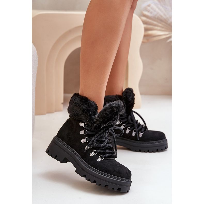 Trappeurs à lacets avec fourrure pour femme, noir Vaminia le noir 2